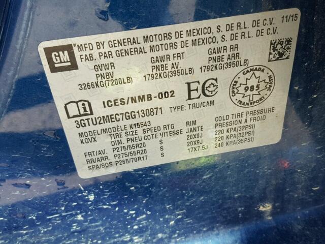 3GTU2MEC7GG130871 - 2016 GMC SIERRA K15 BLUE photo 10