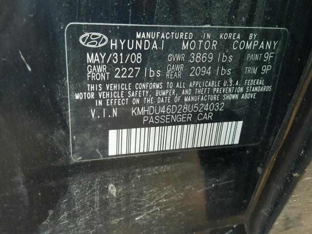 KMHDU46D28U524032 - 2008 HYUNDAI ELANTRA GL BLACK photo 10