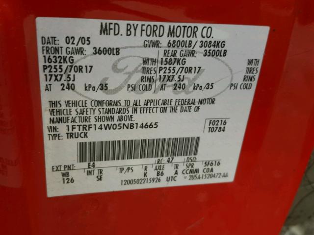 1FTRF14W05NB14665 - 2005 FORD F150 RED photo 10