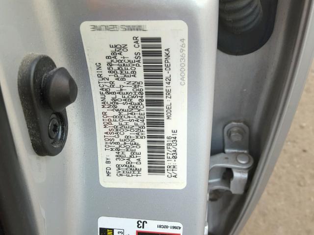 5YFBU4EE7CP040675 - 2012 TOYOTA COROLLA BA GRAY photo 10