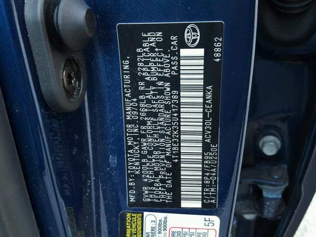 4T1BE32K35U417389 - 2005 TOYOTA CAMRY LE BLUE photo 10