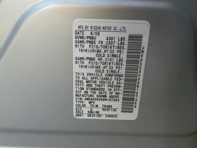 JN8AS58VX9W187354 - 2009 NISSAN ROGUE S SILVER photo 10