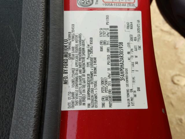 3FAHP0HA2AR305938 - 2010 FORD FUSION SE RED photo 10