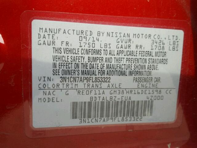 3N1CN7AP9FL853322 - 2015 NISSAN VERSA S RED photo 10