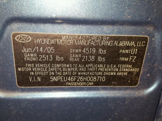 5NPEU46F26H008710 - 2006 HYUNDAI SONATA GLS BLUE photo 10