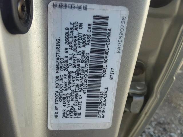 4T1BE32KX3U739220 - 2003 TOYOTA CAMRY LE SILVER photo 10