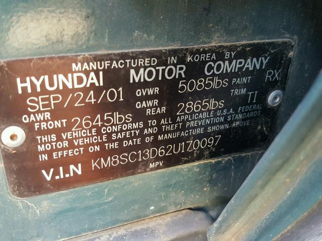 KM8SC13D62U170097 - 2002 HYUNDAI SANTA FE G GREEN photo 10