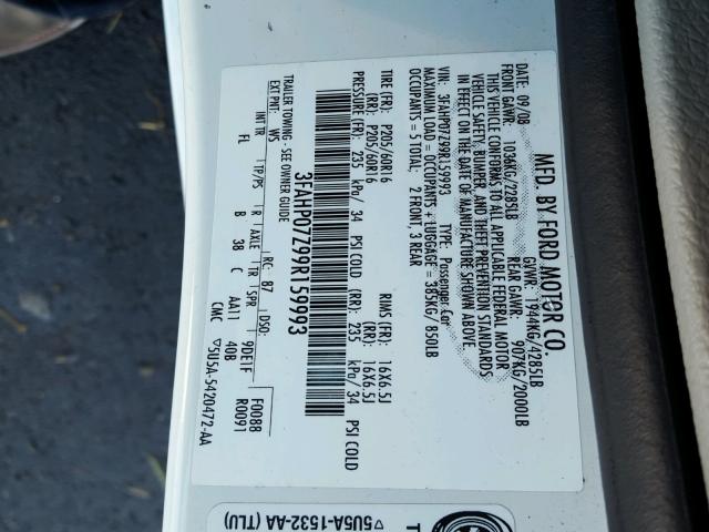 3FAHP07Z99R159993 - 2009 FORD FUSION SE WHITE photo 10