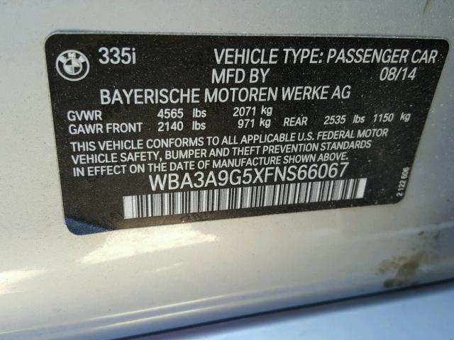 WBA3A9G5XFNS66067 - 2015 BMW 335 I SILVER photo 10