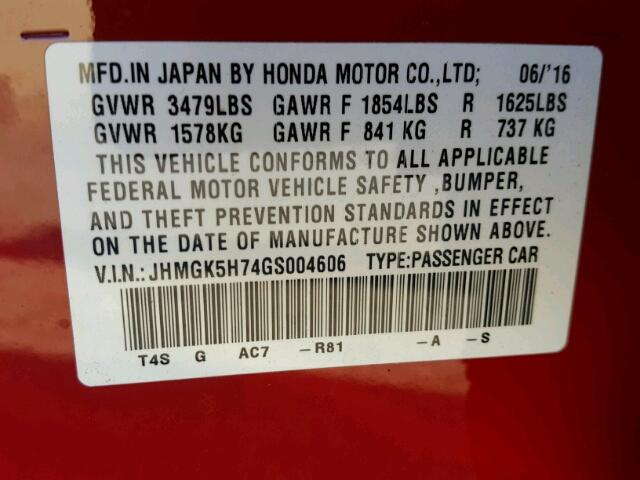 JHMGK5H74GS004606 - 2016 HONDA FIT EX RED photo 10