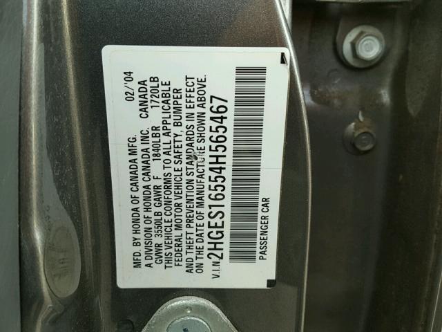 2HGES16554H565467 - 2004 HONDA CIVIC LX SILVER photo 10