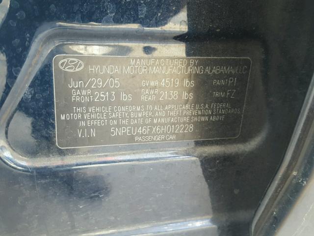 5NPEU46FX6H012228 - 2006 HYUNDAI SONATA GLS BLUE photo 10