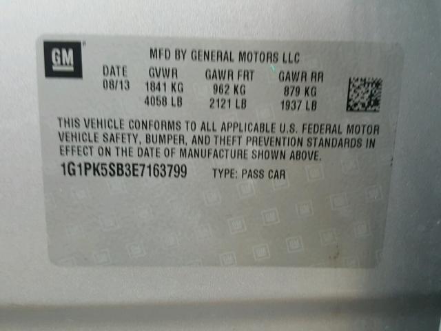 1G1PK5SB3E7163799 - 2014 CHEVROLET CRUZE LT SILVER photo 10