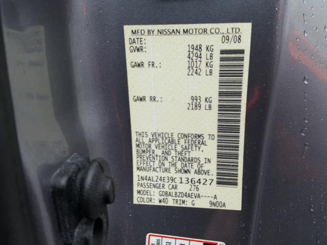 1N4AL24E39C136427 - 2009 NISSAN ALTIMA 2.5 GRAY photo 10