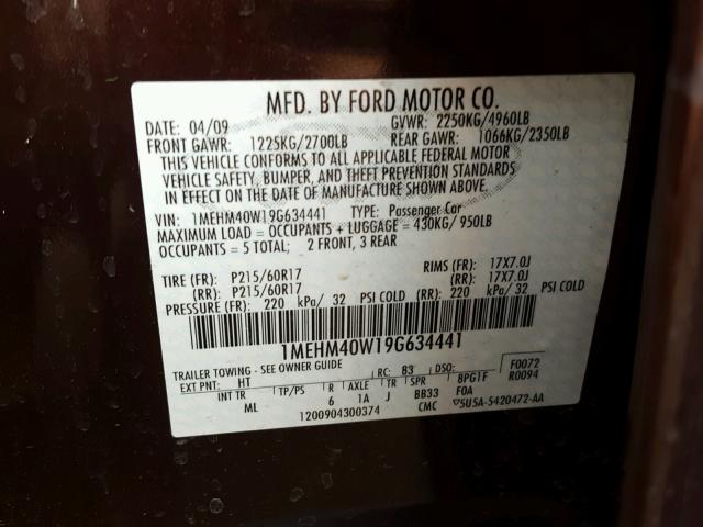 1MEHM40W19G634441 - 2009 MERCURY SABLE BURGUNDY photo 10