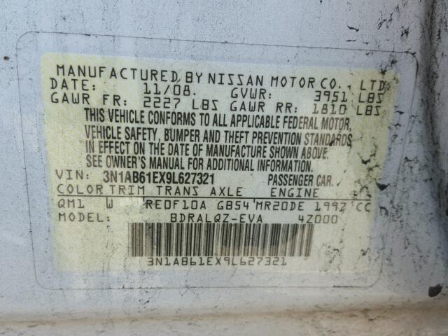 3N1AB61EX9L627321 - 2009 NISSAN SENTRA 2.0 WHITE photo 10