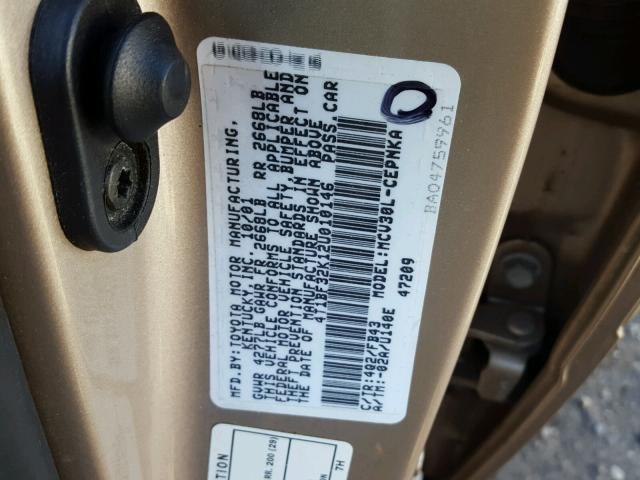 4T1BF32K12U010146 - 2002 TOYOTA CAMRY LE GOLD photo 10