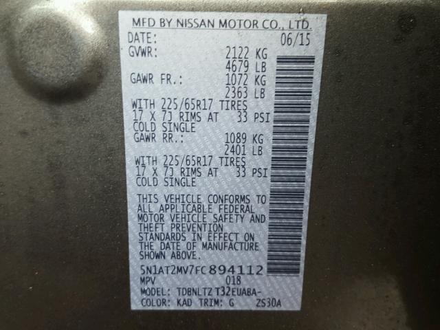 5N1AT2MV7FC894112 - 2015 NISSAN ROGUE S GRAY photo 10