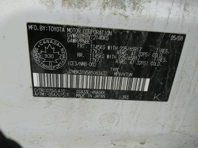 JTMBK31V585063432 - 2008 TOYOTA RAV4 LIMIT WHITE photo 9