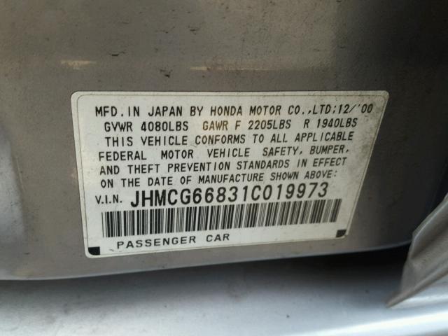 JHMCG66831C019973 - 2001 HONDA ACCORD EX SILVER photo 10