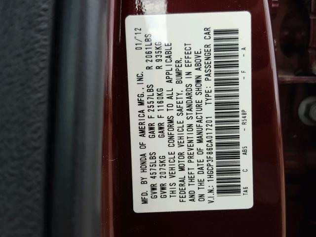 1HGCP3F86CA017201 - 2012 HONDA ACCORD EXL BURGUNDY photo 10