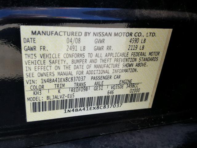 1N4BA41EX8C837037 - 2008 NISSAN MAXIMA SE BLACK photo 10