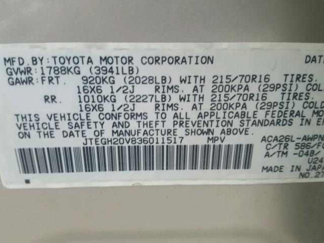 JTEGH20V836011517 - 2003 TOYOTA RAV4 TAN photo 10