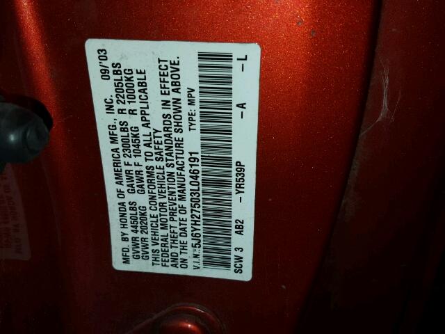 5J6YH27503L046191 - 2003 HONDA ELEMENT EX ORANGE photo 10