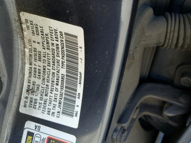 JHMFA36219S008853 - 2009 HONDA CIVIC HYBR CHARCOAL photo 10