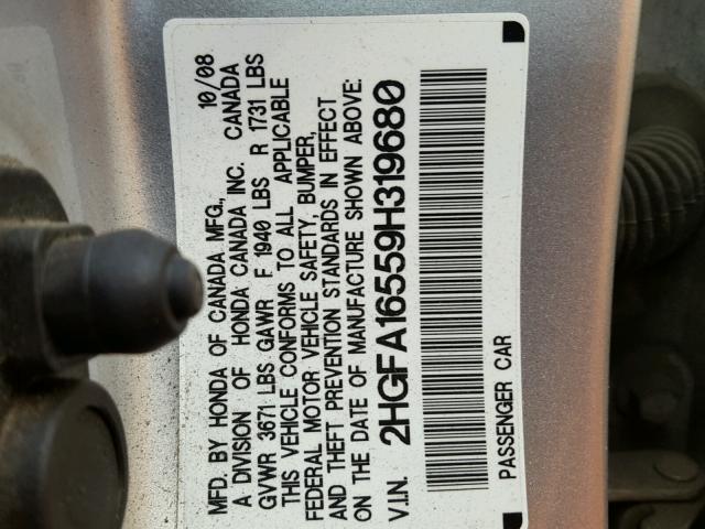 2HGFA16559H319680 - 2009 HONDA CIVIC LX SILVER photo 10