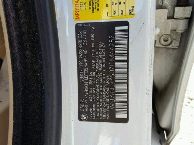 WBANE73507CM44282 - 2007 BMW 530 I WHITE photo 10