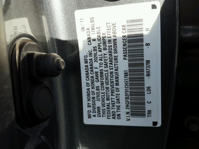 2HGFB2F91CH517881 - 2012 HONDA CIVIC EXL 灰色 照片 10
