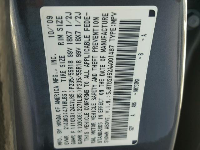 5J8TB2H52AA001487 - 2010 ACURA RDX TECHNO GRAY photo 10