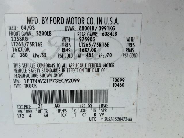 1FTNW21P73EC92099 - 2003 FORD F250 SUPER WHITE photo 10