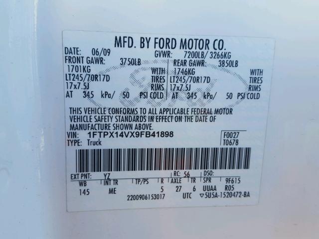 1FTPX14VX9FB41898 - 2009 FORD F150 SUPER WHITE photo 10