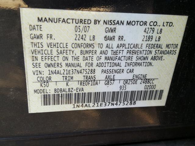 1N4AL21E37N475288 - 2007 NISSAN ALTIMA 2.5 GRAY photo 10