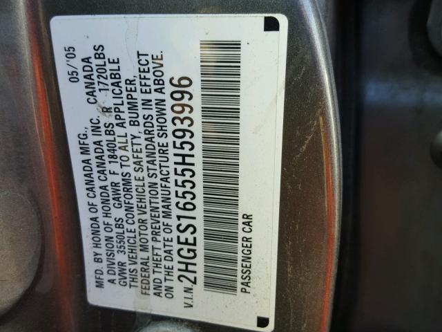 2HGES16555H593996 - 2005 HONDA CIVIC LX GRAY photo 10