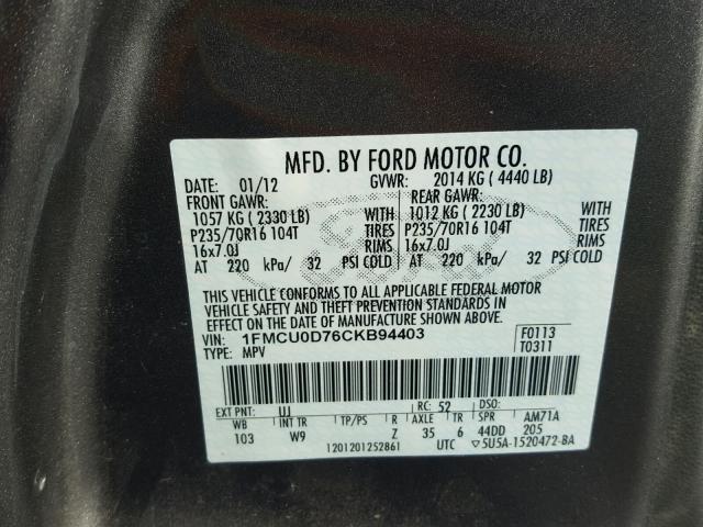 1FMCU0D76CKB94403 - 2012 FORD ESCAPE XLT CHARCOAL photo 10