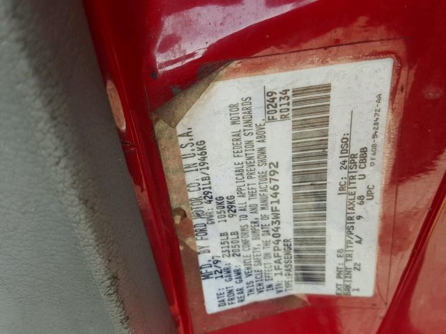 1FAFP4043WF146792 - 1998 FORD MUSTANG RED photo 10