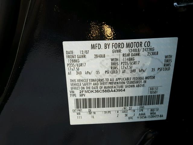 2FMDK36C58BA43964 - 2008 FORD EDGE SE BLUE photo 10