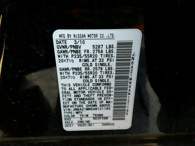 JN8AZ1MW8AW121165 - 2010 NISSAN MURANO S BLACK photo 10