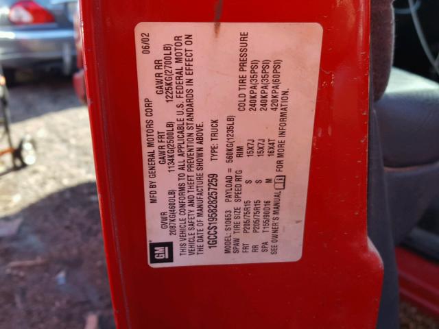 1GCCS195828257259 - 2002 CHEVROLET S TRUCK S1 RED photo 10
