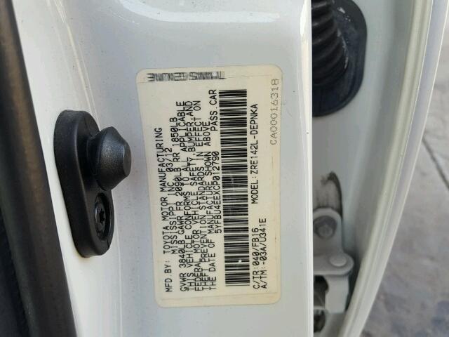 5YFBU4EEXCP012790 - 2012 TOYOTA COROLLA BA WHITE photo 10