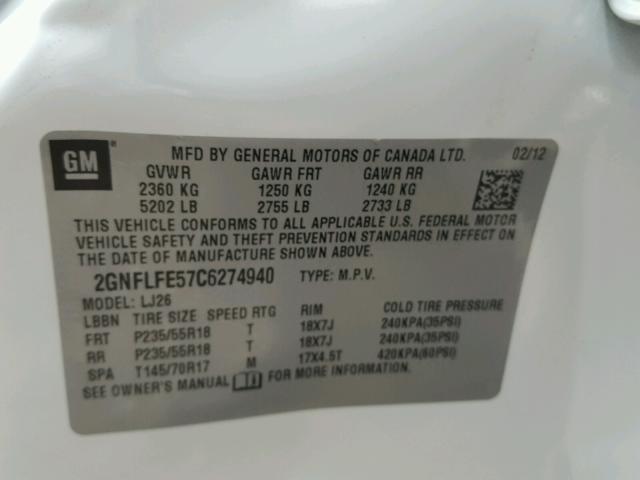 2GNFLFE57C6274940 - 2012 CHEVROLET EQUINOX LT WHITE photo 10