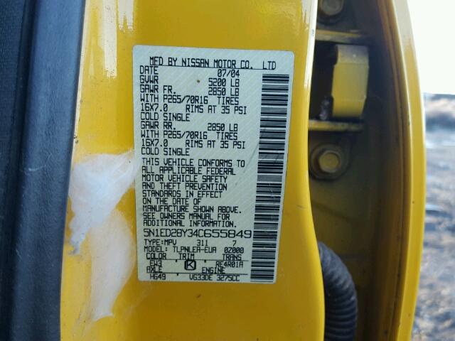 5N1ED28Y34C655849 - 2004 NISSAN XTERRA XE YELLOW photo 10