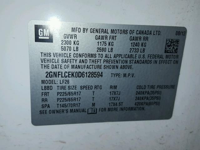 2GNFLCEK0D6128594 - 2013 CHEVROLET EQUINOX LS WHITE photo 10