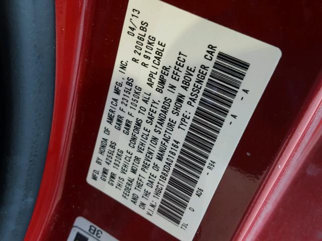 1HGCT1B8XDA018164 - 2013 HONDA ACCORD EXL RED photo 10