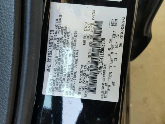 3LNHL2GC1CR803938 - 2012 LINCOLN MKZ შავი ფოტო 10