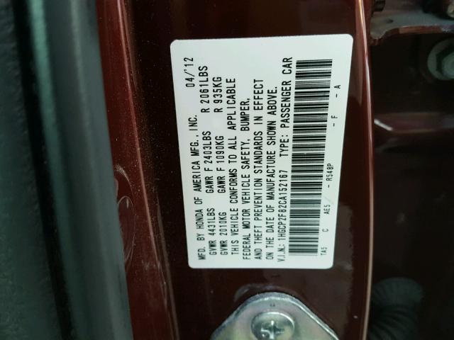 1HGCP2F82CA152167 - 2012 HONDA ACCORD EXL BURGUNDY photo 10