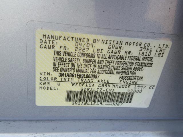 3N1AB61E69L660087 - 2009 NISSAN SENTRA 2.0 SILVER photo 10